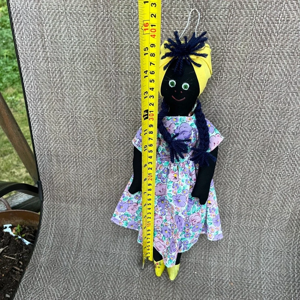 Vintage Venezuelan Folk Art Cloth Doll Handmade Floral Dress Yellow Headwrap 16